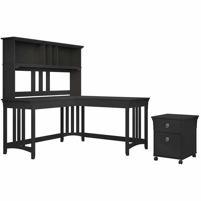 Salinas L Shaped Desk with Hutch and Drawers in Vintage Black