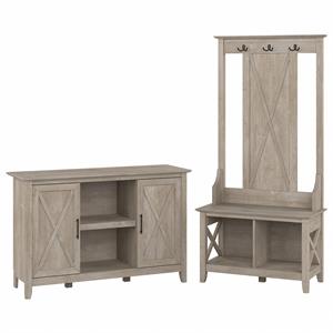 Key West Hall Tree with Storage & Small Cabinet in Washed Gray - Engineered Wood