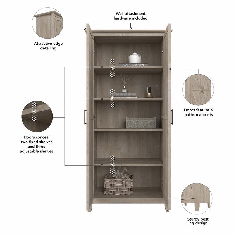 Bush Furniture Key West Entryway Storage Set with Hall Tree, Shoe Bench and 2 Door Cabinet Washed Gray