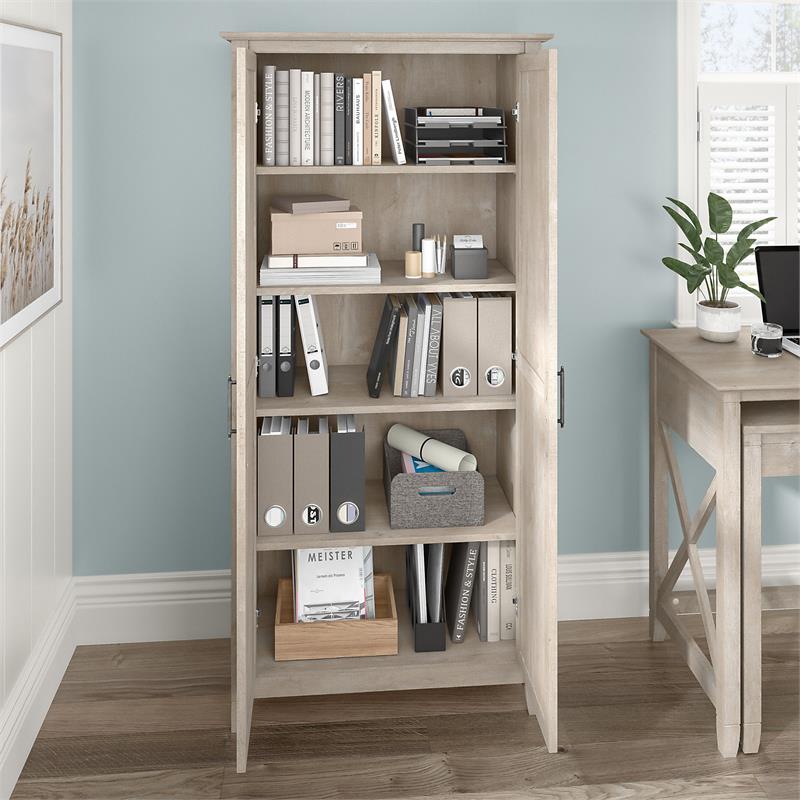 Bush Furniture Key West Tall Linen Cabinet and Over The Toilet Storage Cabinet in Driftwood Gray