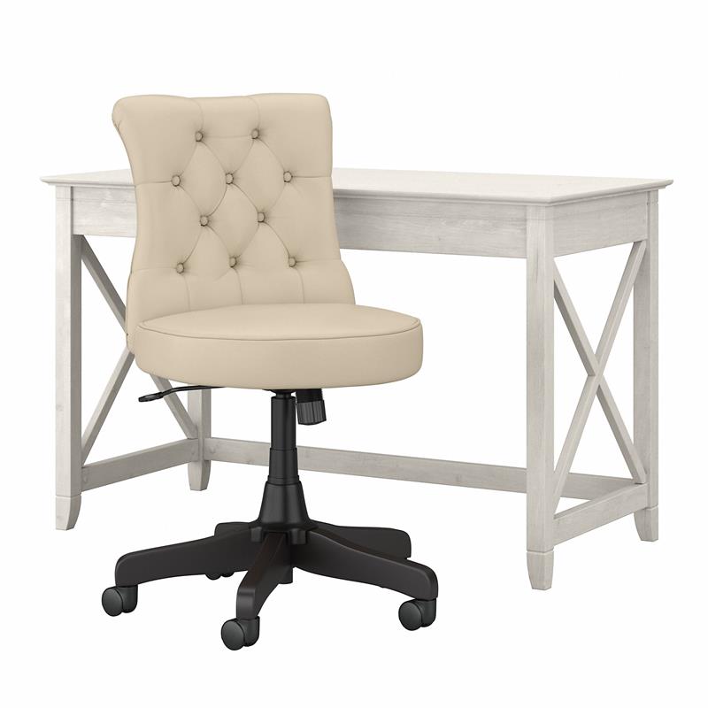 Bush Key West Engineered Wood Writing Desk with Tufted Chair in White Oak