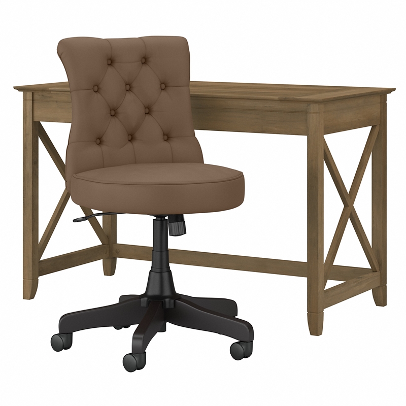 Bush Key West Engineered Wood Writing Desk with Tufted Chair in Reclaimed Pine