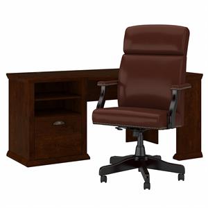 yorktown 60w corner desk and chair set in antique cherry - engineered wood