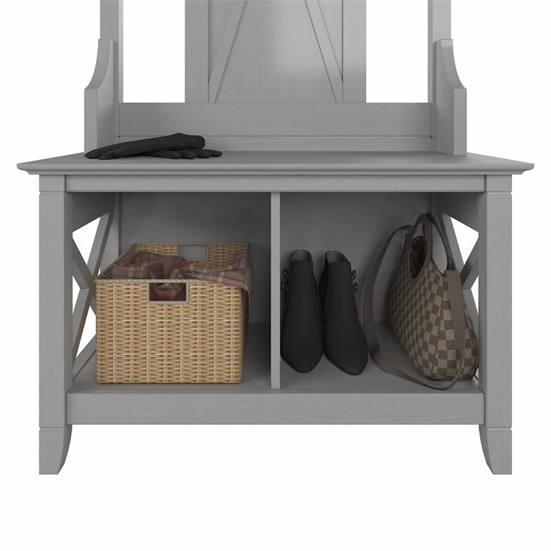 Furniture Key West Entryway Storage Set with Hall Tree, Shoe Bench and Tall  Cabinet in Washed Gray by Bush