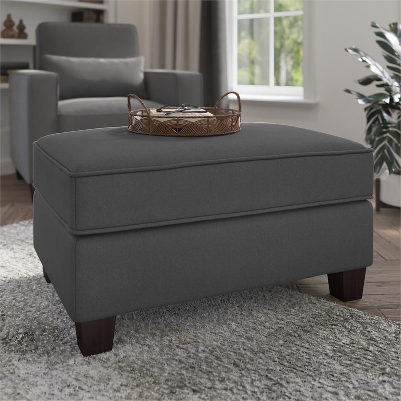 Stockton Upholstered Storage Ottoman in Charcoal Gray Herringbone Fabric
