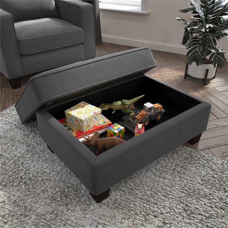 Stockton Upholstered Storage Ottoman in Charcoal Gray Herringbone Fabric