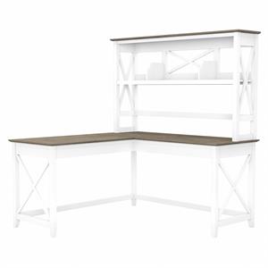 Key West 60W L Shaped Desk with Hutch in White/Shiplap Gray - Engineered Wood