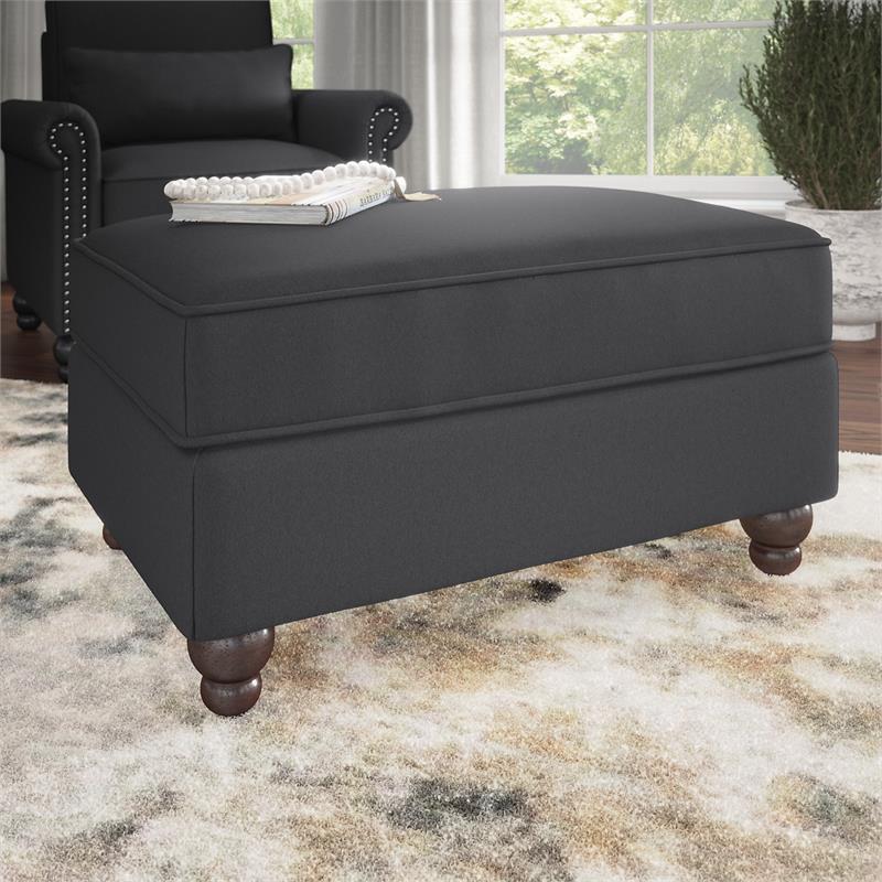 Coventry Upholstered Storage Ottoman in Charcoal Gray Herringbone Fabric
