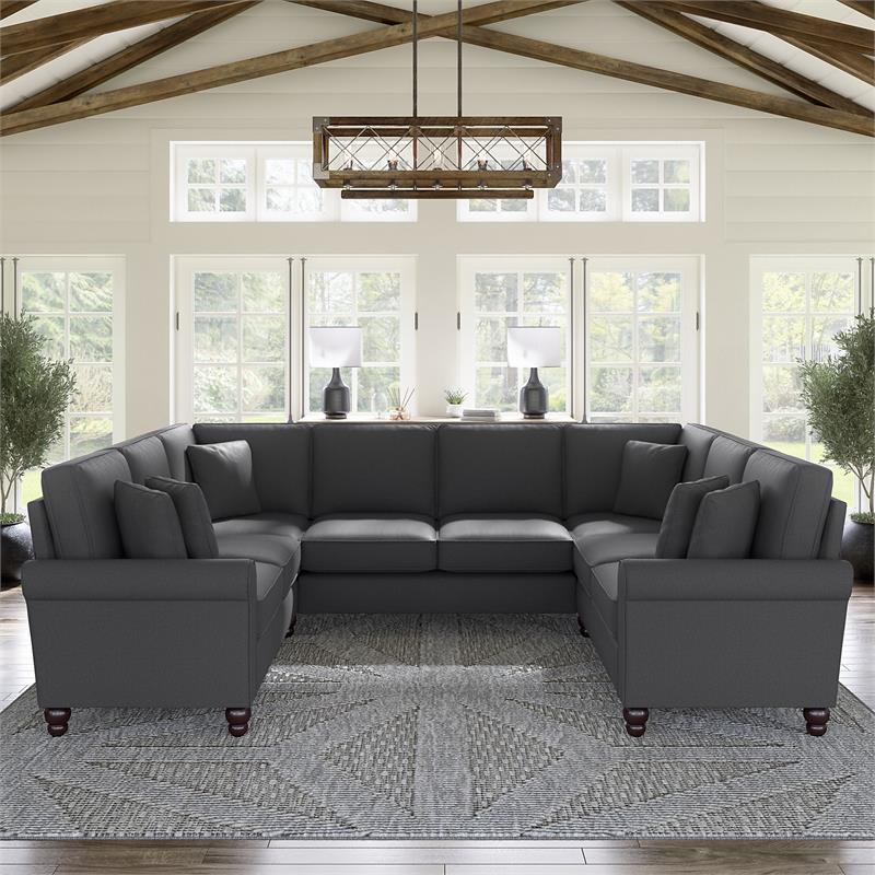 Hudson 113W U Shaped Sectional Couch in Charcoal Gray Herringbone Fabric