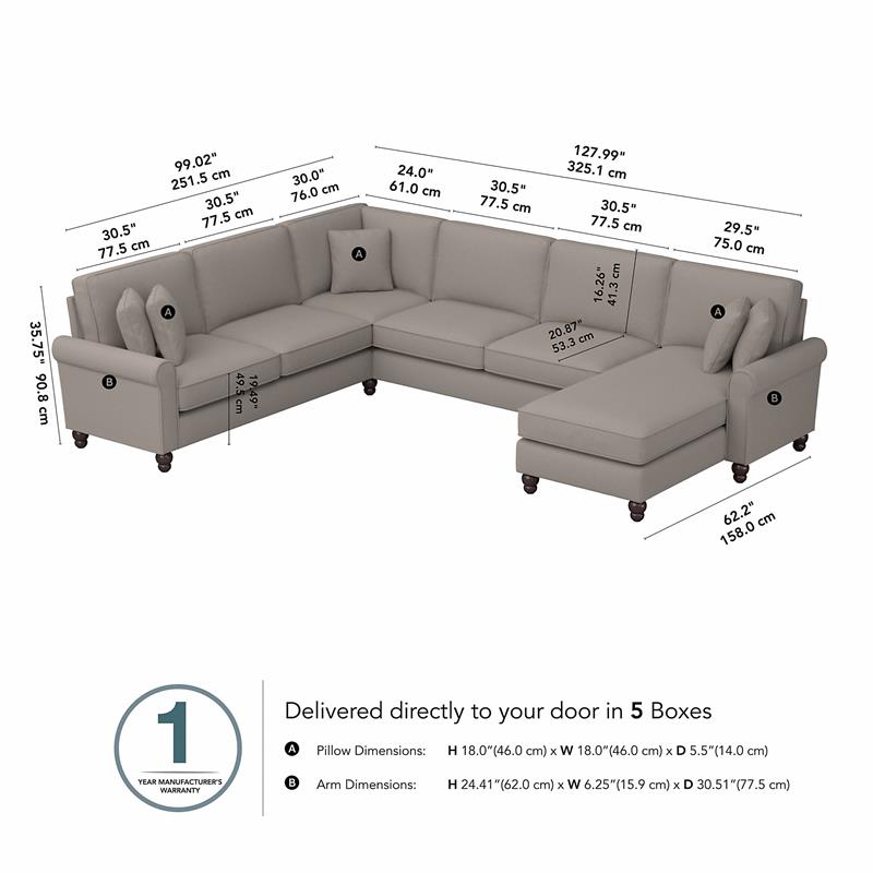 Hudson 128W U Shaped Couch with Chaise in Beige Herringbone Fabric