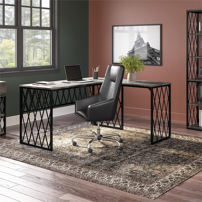City Park 60W Industrial L Shaped Desk in Dark Gray Hickory - Engineered Wood