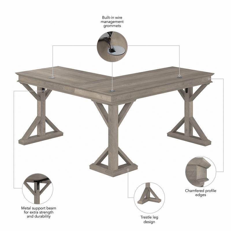Homestead 60W Farmhouse L Shaped Desk in Driftwood Gray - Engineered Wood