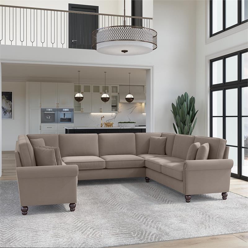 Coventry 125W U Shaped Sectional Couch in Tan Microsuede
