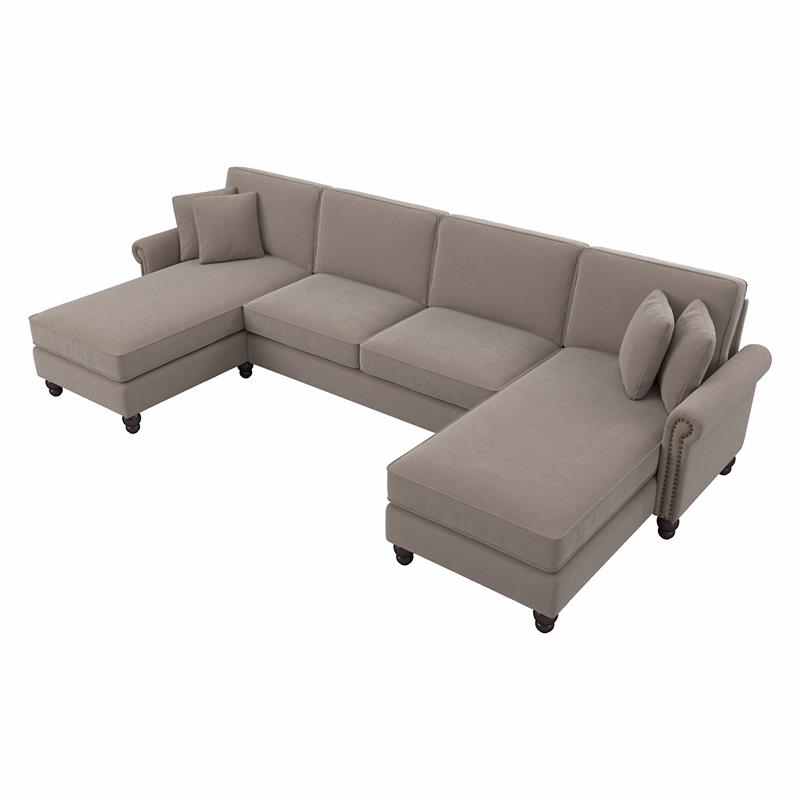 Coventry 131W Sectional Couch with Double Chaise in Tan Microsuede