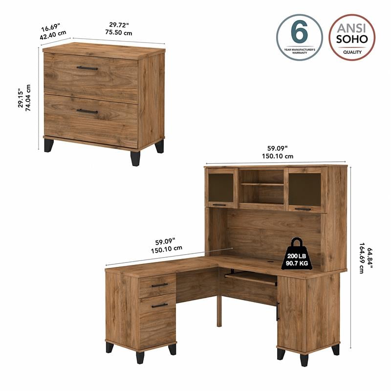 Somerset 60W L Desk with Hutch & File Cabinet in Fresh Walnut - Engineered Wood