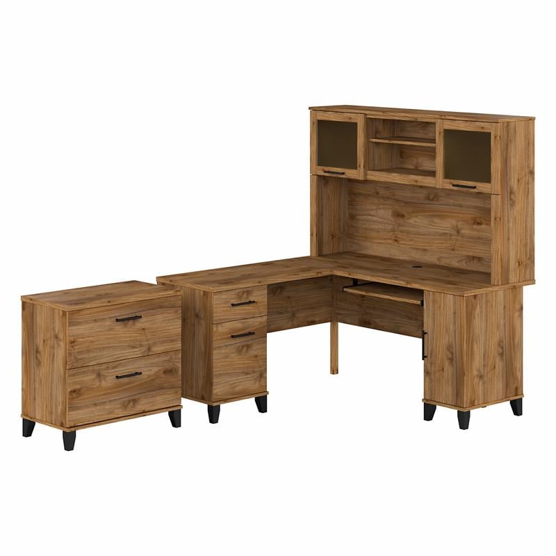 Somerset 60W L Desk with Hutch & File Cabinet in Fresh Walnut - Engineered Wood