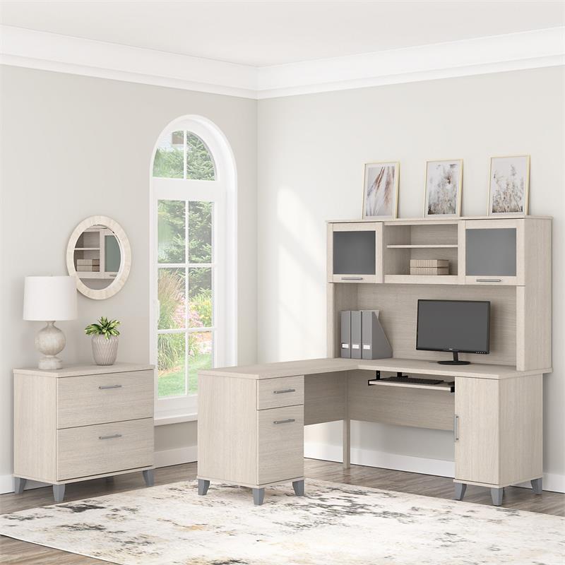 Somerset 60W L Desk with Hutch & File Cabinet in Sand Oak - Engineered Wood
