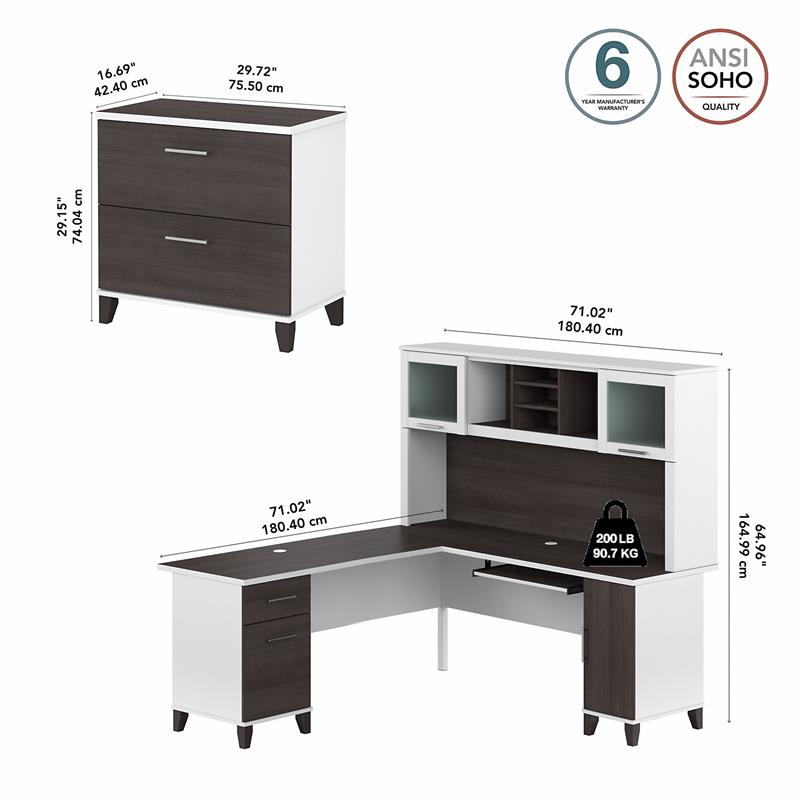 Somerset 72W L Desk with Hutch & File Cabinet in White/Gray - Engineered Wood