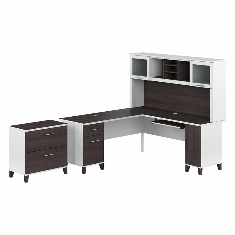 Somerset 72W L Desk with Hutch & File Cabinet in White/Gray - Engineered Wood