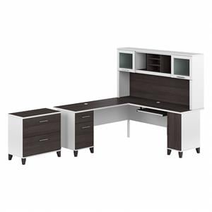 Somerset 72W L Desk with Hutch & File Cabinet in White/Gray - Engineered Wood