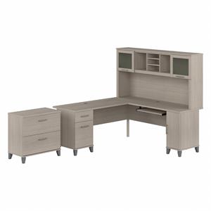 somerset 72w l desk with hutch & file cabinet in sand oak - engineered wood