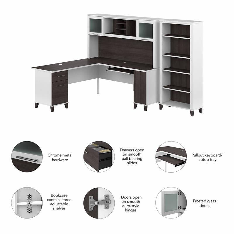 Somerset 72W L Desk with Hutch and Bookcase in White/Gray - Engineered Wood