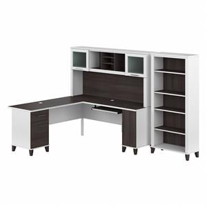 Somerset 72W L Desk with Hutch and Bookcase in White/Gray - Engineered Wood