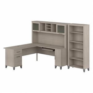 Somerset 72W L Desk with Hutch and Bookcase in Sand Oak - Engineered Wood