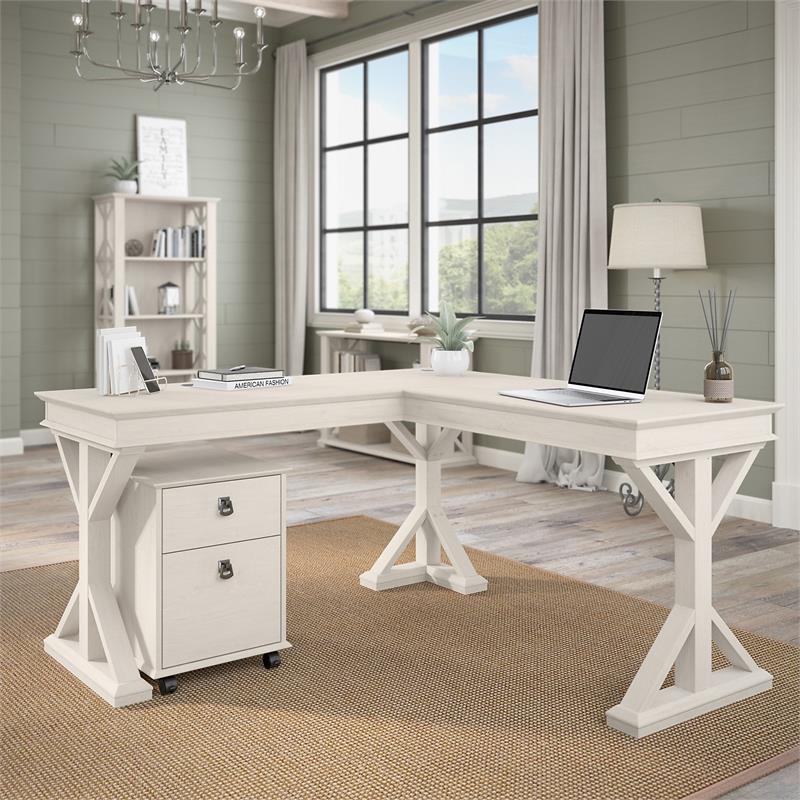 Homestead 60W L Shaped Desk with Drawers in Linen White Oak - Engineered Wood