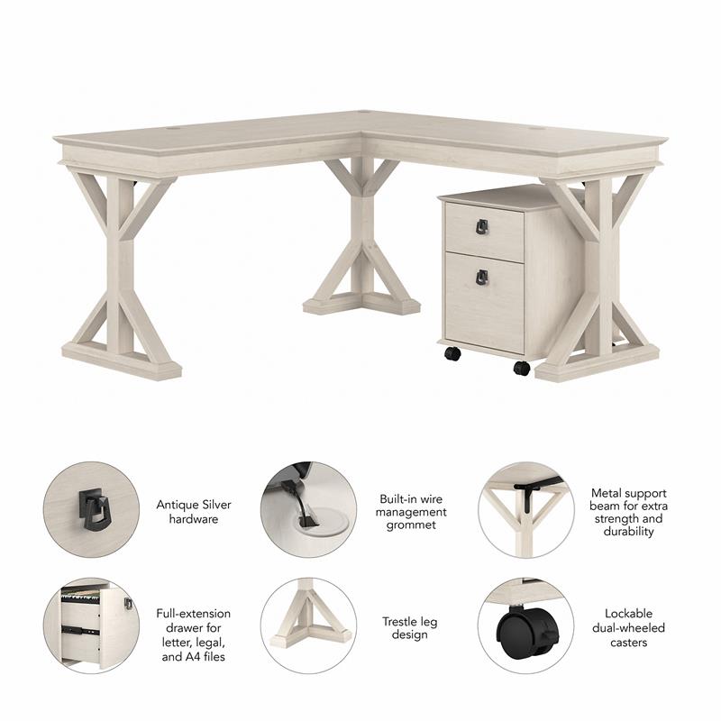 Homestead 60W L Shaped Desk with Drawers in Linen White Oak - Engineered Wood