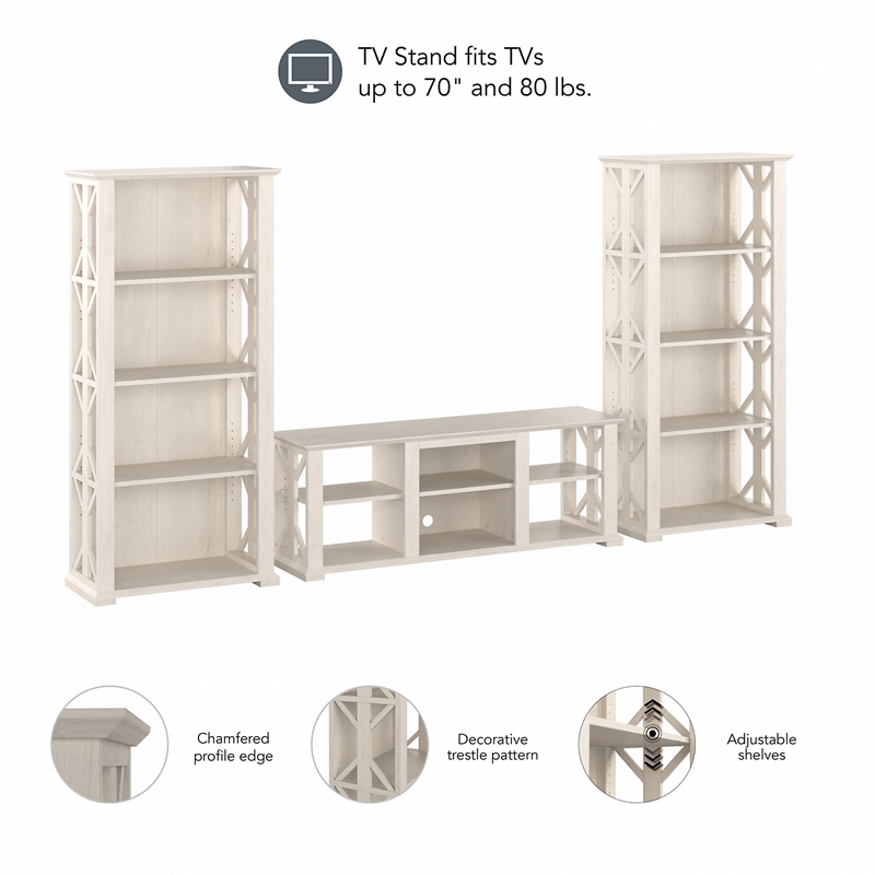 Homestead Farmhouse TV Stand with Bookcases in Linen White Oak - Engineered Wood