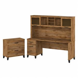 Somerset 72W Desk with Hutch and File Cabinet in Fresh Walnut - Engineered Wood