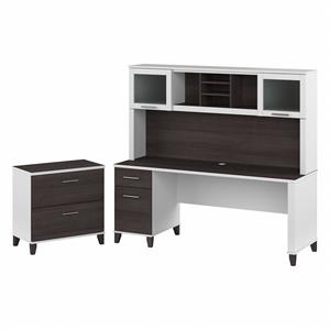 Somerset 72W Desk with Hutch and File Cabinet in White/Gray - Engineered Wood