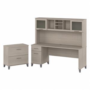 Somerset 72W Desk with Hutch and File Cabinet in Sand Oak - Engineered Wood