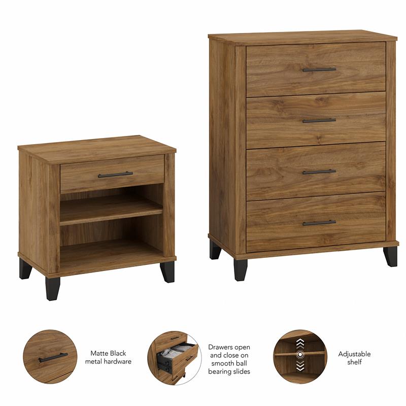 Somerset Chest of Drawers and Nightstand Set in Fresh Walnut - Engineered Wood