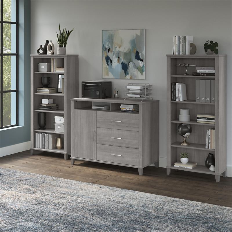 Somerset Office Storage Credenza & Bookcases in Platinum Gray Engineered Wood