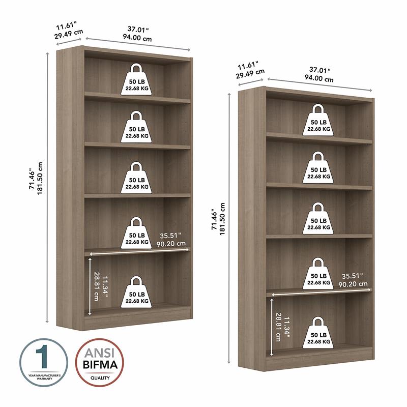 Universal Tall 5 Shelf Bookcase in Ash Gray (Set of 2) - Engineered Wood