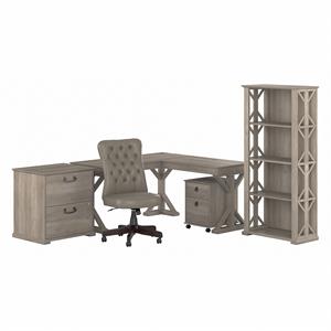 Homestead L Desk and Chair Set with Storage in Driftwood Gray - Engineered Wood