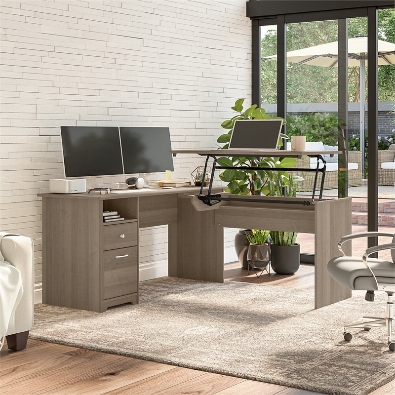 Cabot 60W 3 Position L Shaped Sit Stand Desk in Ash Gray - Engineered Wood