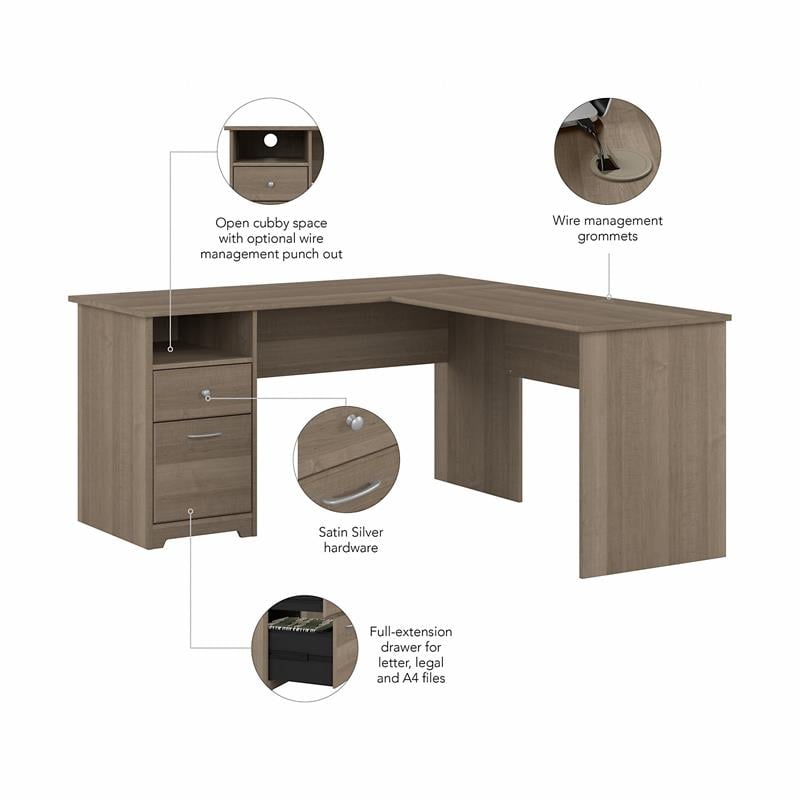 Cabot 60W L Shaped Desk with Drawers in Ash Gray - Engineered Wood