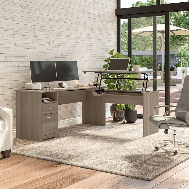 Cabot 72W 3 Position Sit to Stand L Desk in Ash Gray - Engineered Wood