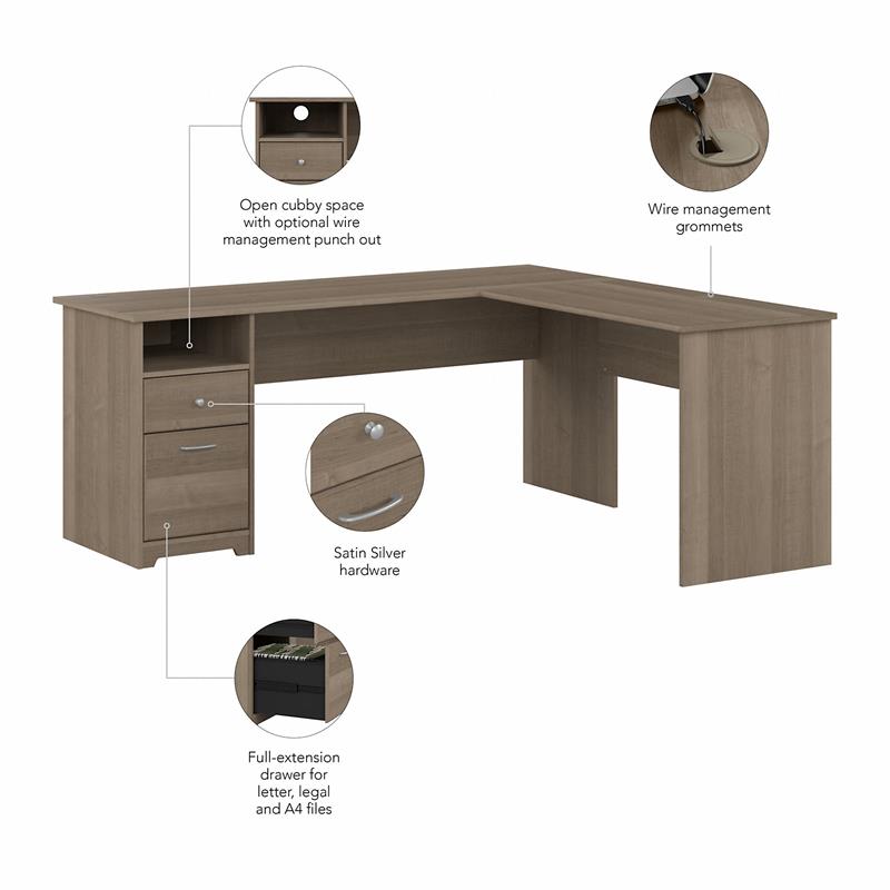 Cabot 72W L Shaped Computer Desk with File in Ash Gray - Engineered Wood