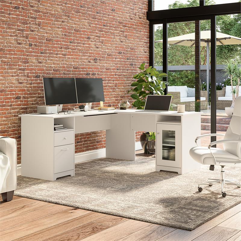 Cabot 72W L Shaped Computer Desk with Storage in White - Engineered Wood