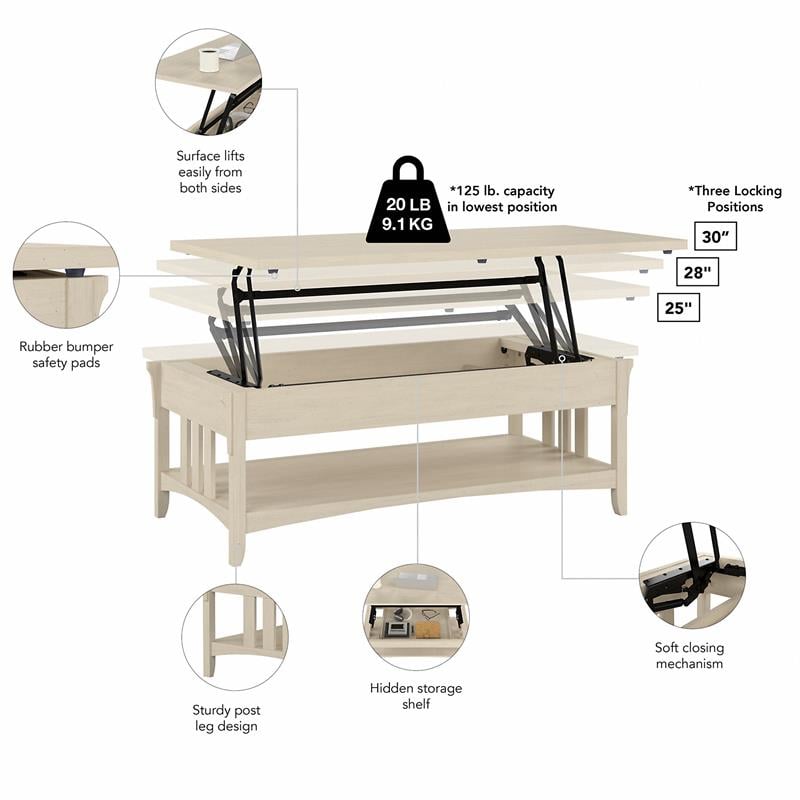 Salinas Lift Top Coffee Table with Storage in Antique White - Engineered Wood