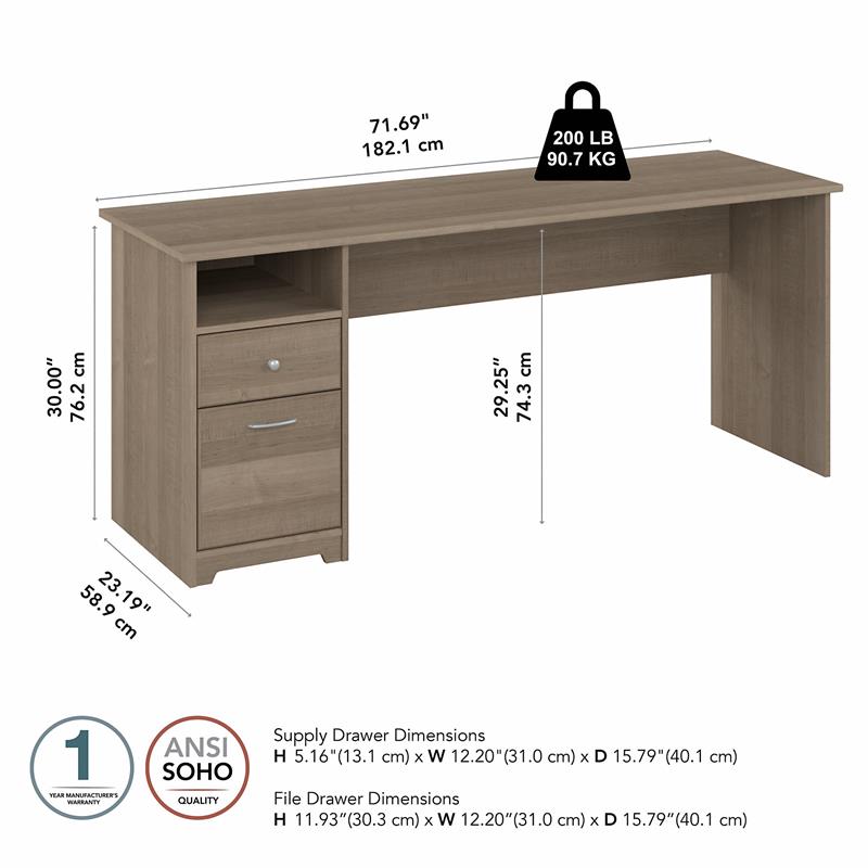 Cabot 72W Computer Desk with Drawers in Ash Gray - Engineered Wood