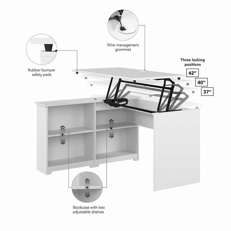 Cabot 52W 3 Position Sit to Stand Corner Desk in White - Engineered Wood