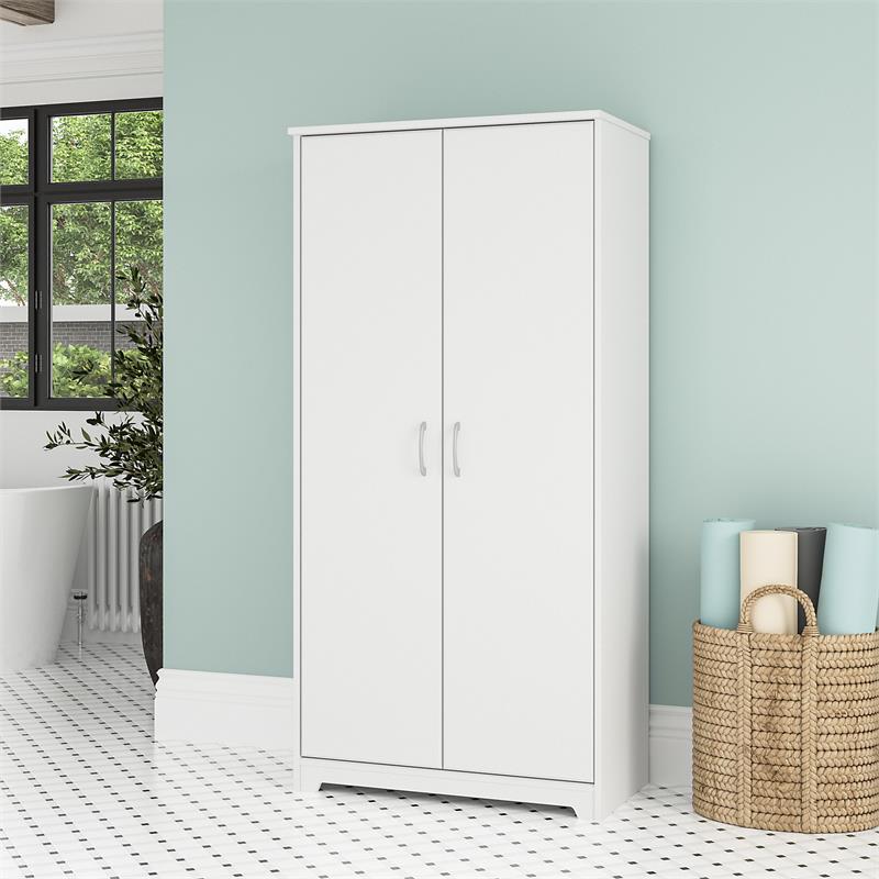 Cabot Tall Bathroom Storage Cabinet with Doors in White - Engineered Wood