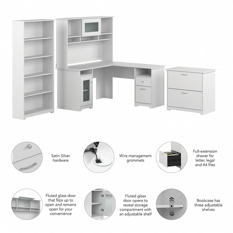 Cabot 60W L Shaped Computer Desk with Storage Set in White - Engineered Wood