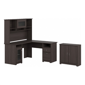 Cabot 60W L Desk with Hutch and Small Cabinet in Heather Gray - Engineered Wood