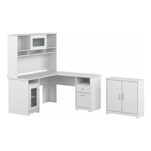 Cabot 60W L Desk with Hutch and Small Cabinet in White - Engineered Wood